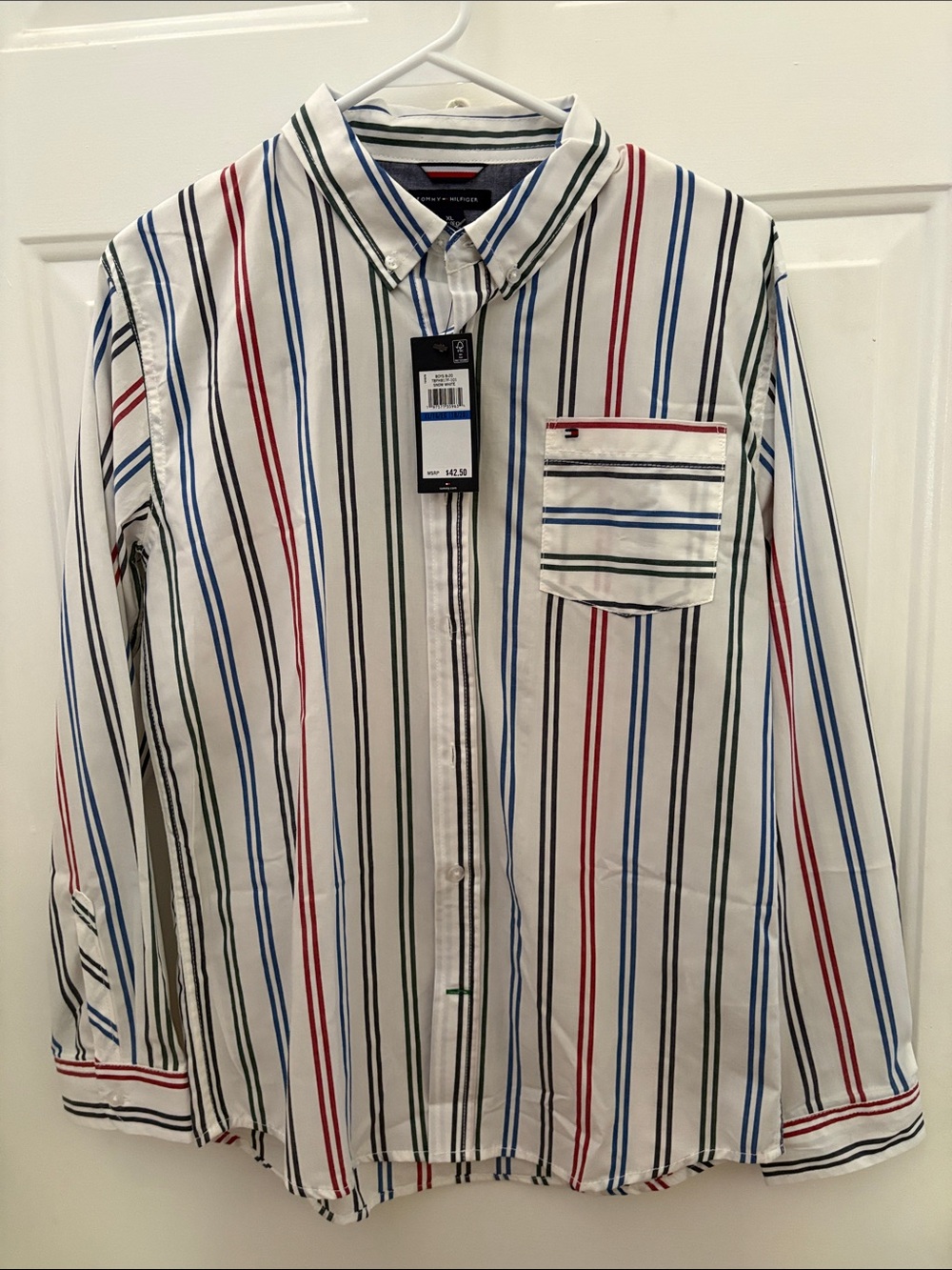 Tommy Hilfiger Boys White Button-Down Shirt with Red, Blue & Green Stripes